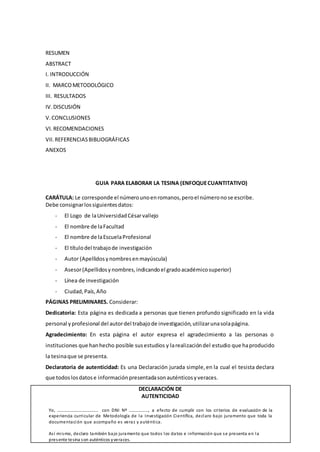 RESUMEN
ABSTRACT
I. INTRODUCCIÓN
II. MARCOMETODOLÓGICO
III. RESULTADOS
IV.DISCUSIÓN
V. CONCLUSIONES
VI.RECOMENDACIONES
VII.REFERENCIASBIBLIOGRÁFICAS
ANEXOS
GUIA PARA ELABORAR LA TESINA (ENFOQUECUANTITATIVO)
CARÁTULA: Le corresponde el númerounoenromanos,peroel númeronose escribe.
Debe consignarlossiguientesdatos:
- El Logo de laUniversidadCésarvallejo
- El nombre de laFacultad
- El nombre de laEscuelaProfesional
- El títulodel trabajode investigación
- Autor (Apellidosynombresenmayúscula)
- Asesor(Apellidosynombres,indicandoel gradoacadémicosuperior)
- Línea de investigación
- Ciudad,País,Año
PÁGINAS PRELIMINARES. Considerar:
Dedicatoria: Esta página es dedicada a personas que tienen profundo significado en la vida
personal yprofesional del autordel trabajode investigación,utilizarunasolapágina.
Agradecimiento: En esta página el autor expresa el agradecimiento a las personas o
instituciones que hanhecho posible susestudios y larealizacióndel estudio que haproducido
la tesinaque se presenta.
Declaratoria de autenticidad: Es una Declaración jurada simple, en la cual el tesista declara
que todoslosdatose informaciónpresentadasonauténticosyveraces.
DECLARACIÓN DE
AUTENTICIDAD
Yo, ……………………………….. con DNI Nº ………………, a efecto de cumplir con los criterios de evaluación de la
experiencia curricular de Metodología de la Investigación Científica, declaro bajo juramento que toda la
documentación que acompaño es veraz y auténtica.
Así mismo, declaro también bajo juramento que todos los datos e información que se presenta en la
presente tesina son auténticos yveraces.
 