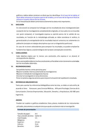 gráficos o tablas deben contener un título que los identifique. En el caso de las tablas, el
título debe colocarse en la parte superiorde la tabla,y en el caso de las figurasel títulose
coloca en la parte inferior de las mismas.
En la interpretacióndebencomentarsesolamentelosdatosmás importantes.
IV. DISCUSIÓN
En esta sección se comparan los hallazgos con los resultadosde otras investigaciones(con
excepción de las investigaciones completamente originales, en las cuales no se encuentra
con quien comparar), el investigador expresa su opinión acerca de la validez de sus
resultados, en función de la metodología utilizada, se debe considerar el análisis, la
generalización y la extrapolación de los resultados hacia el universo y no solamente a la
población (excepto en trabajos descriptivos que son un diagnóstico particular)
En caso de no tener antecedentes para comparar los resultados, se pueden emplear los
fundamentos lógicos y epistemológicos de las bases conceptuales existentes.
V. CONCLUSIONES
Cada objetivo origina por lo menos una conclusión, ella expresa si se alcanzó el
correspondiente objetivo.
Noesaconsejableelaborarmuchasconclusionesyellasdebenestarclaramentesustentadas
con los resultados obtenidos.
VI. RECOMENDACIONES
Sonpedidoshechos a otras personas para:
Mejorar lavalidezinternayexternade lasinvestigaciones
Mejorar el métodode investigaciones futuras
Orientarlainvestigaciónenotrasdirecciones
Ponerenpráctica algunasaccionesparamejorarlasituaciónde lapoblación estudiada.
VII. REFERENCIAS BIBLIOGRÁFICAS
Tanto para asentar las referencias bibliográficas como las citas, se debe un solo estilo, de
acuerdo al área: Vancouver, para Ciencias Médicas, APA para Psicología, Ciencias de la
Comunicación, Ciencias Empresariales, Educación, Derecho, y Arquitectura, ISO 690 para
Ingeniería.
ANEXOS
Pueden ser cuadros o gráficos estadísticos, fotos, planos, modelos de los instrumentos
utilizados,documentosocualquierotroque ayude aesclarecermáslainvestigación.
Formato de presentación:
Tamaño de papel: A 4
Tipoy tamaño de letra: Calibri 11
Interlineado: 1.5
Márgenes
Superior: 2.5 cm
Inferior: 3 cm
Derecho: 2.5cm
 