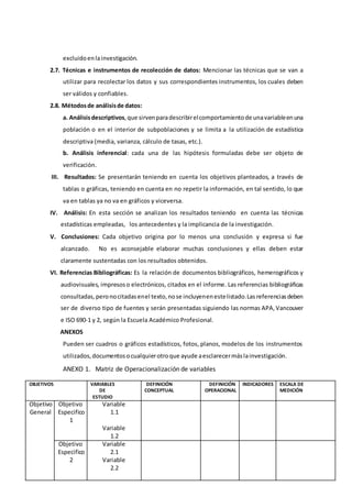 excluidoenlainvestigación.
2.7. Técnicas e instrumentos de recolección de datos: Mencionar las técnicas que se van a
utilizar para recolectar los datos y sus correspondientes instrumentos, los cuales deben
ser válidos y confiables.
2.8. Métodosde análisisde datos:
a. Análisisdescriptivos, que sirvenparadescribirelcomportamientode unavariableenuna
población o en el interior de subpoblaciones y se limita a la utilización de estadística
descriptiva (media, varianza, cálculo de tasas, etc.).
b. Análisis inferencial: cada una de las hipótesis formuladas debe ser objeto de
verificación.
III. Resultados: Se presentarán teniendo en cuenta los objetivos planteados, a través de
tablas o gráficas, teniendo en cuenta en no repetir la información, en tal sentido, lo que
va en tablas ya no va en gráficos y viceversa.
IV. Análisis: En esta sección se analizan los resultados teniendo en cuenta las técnicas
estadísticas empleadas, los antecedentes y la implicancia de la investigación.
V. Conclusiones: Cada objetivo origina por lo menos una conclusión y expresa si fue
alcanzado. No es aconsejable elaborar muchas conclusiones y ellas deben estar
claramente sustentadas con los resultados obtenidos.
VI. Referencias Bibliográficas: Es la relación de documentos bibliográficos, hemerográficos y
audiovisuales, impresoso electrónicos, citados en el informe. Las referencias bibliográficas
consultadas, peronocitadasenel texto,nose incluyenenestelistado.Lasreferencias deben
ser de diverso tipo de fuentes y serán presentadas siguiendo las normas APA,Vancouver
e ISO 690-1 y 2, según la Escuela Académico Profesional.
ANEXOS
Pueden ser cuadros o gráficos estadísticos, fotos, planos, modelos de los instrumentos
utilizados,documentosocualquierotroque ayude aesclarecermáslainvestigación.
ANEXO 1. Matriz de Operacionalización de variables
OBJETIVOS VARIABLES
DE
ESTUDIO
DEFINICIÓN
CONCEPTUAL
DEFINICIÓN
OPERACIONAL
INDICADORES ESCALA DE
MEDICIÓN
Objetivo
General
Objetivo
Especifico
1
Variable
1.1
Variable
1.2
Objetivo
Especifico
2
Variable
2.1
Variable
2.2
 