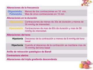 #
Alteraciones de la frecuencia
Oligosistolia.
Polisistolia.
Menos de dos contracciones en 10 min.
Mas de cinco contracciones en 10 min
Alteraciones en la duración
Hiposistolia Contracciones de menos de 30s de duración y menos de
30 mmHg de intensidad.
Hipersistolia Contracciones de mas de 60s de duración y mas de 50
mmHg de intensidad.
Alteraciones del tono
Hipotonía Descenso de la contracción a menos de 8 mmHg del tono
basal
Hipertonía Cuando el descenso de la contracción se mantiene mas de
15 mmHg del tono basal
Anillo de retracción patológico de Bandl
Contractura uterina
Alteraciones del triple gradiente descendente
 