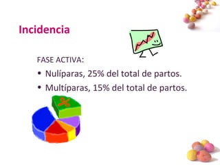 #
Incidencia
FASE ACTIVA:
• Nulíparas, 25% del total de partos.
• Multíparas, 15% del total de partos.
 