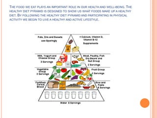 THE FOOD WE EAT PLAYS AN IMPORTANT ROLE IN OUR HEALTH AND WELL-BEING. THE
HEALTHY DIET PYRAMID IS DESIGNED TO SHOW US WHAT FOODS MAKE UP A HEALTHY
DIET. BY FOLLOWING THE HEALTHY DIET PYRAMID AND PARTICIPATING IN PHYSICAL
ACTIVITY WE BEGIN TO LIVE A HEALTHY AND ACTIVE LIFESTYLE.
 