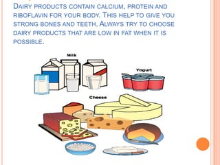 DAIRY PRODUCTS CONTAIN CALCIUM, PROTEIN AND
RIBOFLAVIN FOR YOUR BODY. THIS HELP TO GIVE YOU
STRONG BONES AND TEETH. ALWAYS TRY TO CHOOSE
DAIRY PRODUCTS THAT ARE LOW IN FAT WHEN IT IS
POSSIBLE.
 