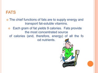 FATS
The chief functions of fats are to supply energy and
            transport fat-soluble vitamins.
 Each gram of fat yields 9 calories. Fats provide
            the most concentrated source
 of calories (and, therefore, energy) of all the fo
                     od nutrients.
 