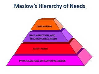 Maslow’s Hierarchy of Needs
PHYSIOLOGICAL OR SURVIVAL NEEDS
SAFETY NEEDS
LOVE, AFFECTION, AND
BELONGINGNESS NEEDS
ESTEEM NEEDS
 