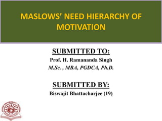 SUBMITTED TO:
Prof. H. Ramananda Singh
M.Sc. , MBA, PGDCA, Ph.D.
SUBMITTED BY:
Biswajit Bhattacharjee (19)
MASLOWS’ NEED HIERARCHY OF
MOTIVATION
 