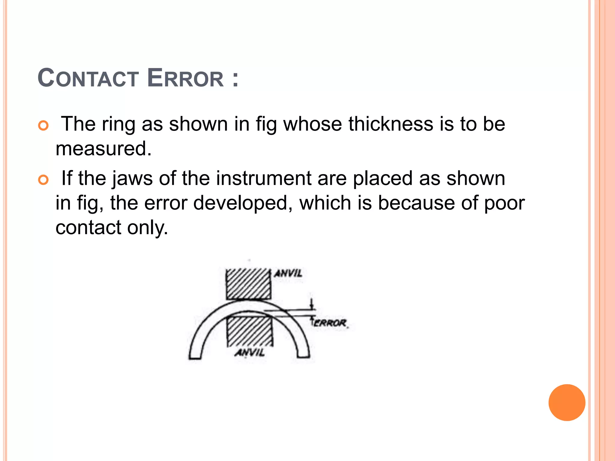 CONTACT ERROR :
 The ring as shown in fig whose thickness is to be
measured.
 If the jaws of the instrument are placed as shown
in fig, the error developed, which is because of poor
contact only.
 