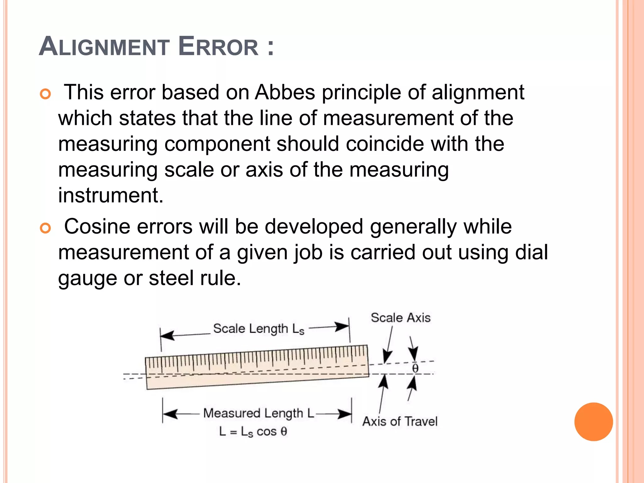 ALIGNMENT ERROR :
 This error based on Abbes principle of alignment
which states that the line of measurement of the
measuring component should coincide with the
measuring scale or axis of the measuring
instrument.
 Cosine errors will be developed generally while
measurement of a given job is carried out using dial
gauge or steel rule.
 