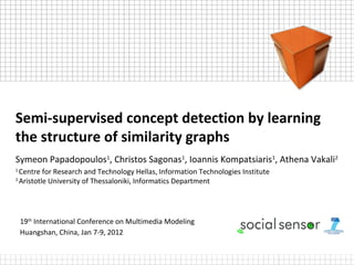 Semi-supervised concept detection by learning
the structure of similarity graphs
Symeon Papadopoulos1, Christos Sagonas1, Ioannis Kompatsiaris1, Athena Vakali2
1
  Centre for Research and Technology Hellas, Information Technologies Institute
2
  Aristotle University of Thessaloniki, Informatics Department




    19th International Conference on Multimedia Modeling
    Huangshan, China, Jan 7-9, 2012
 