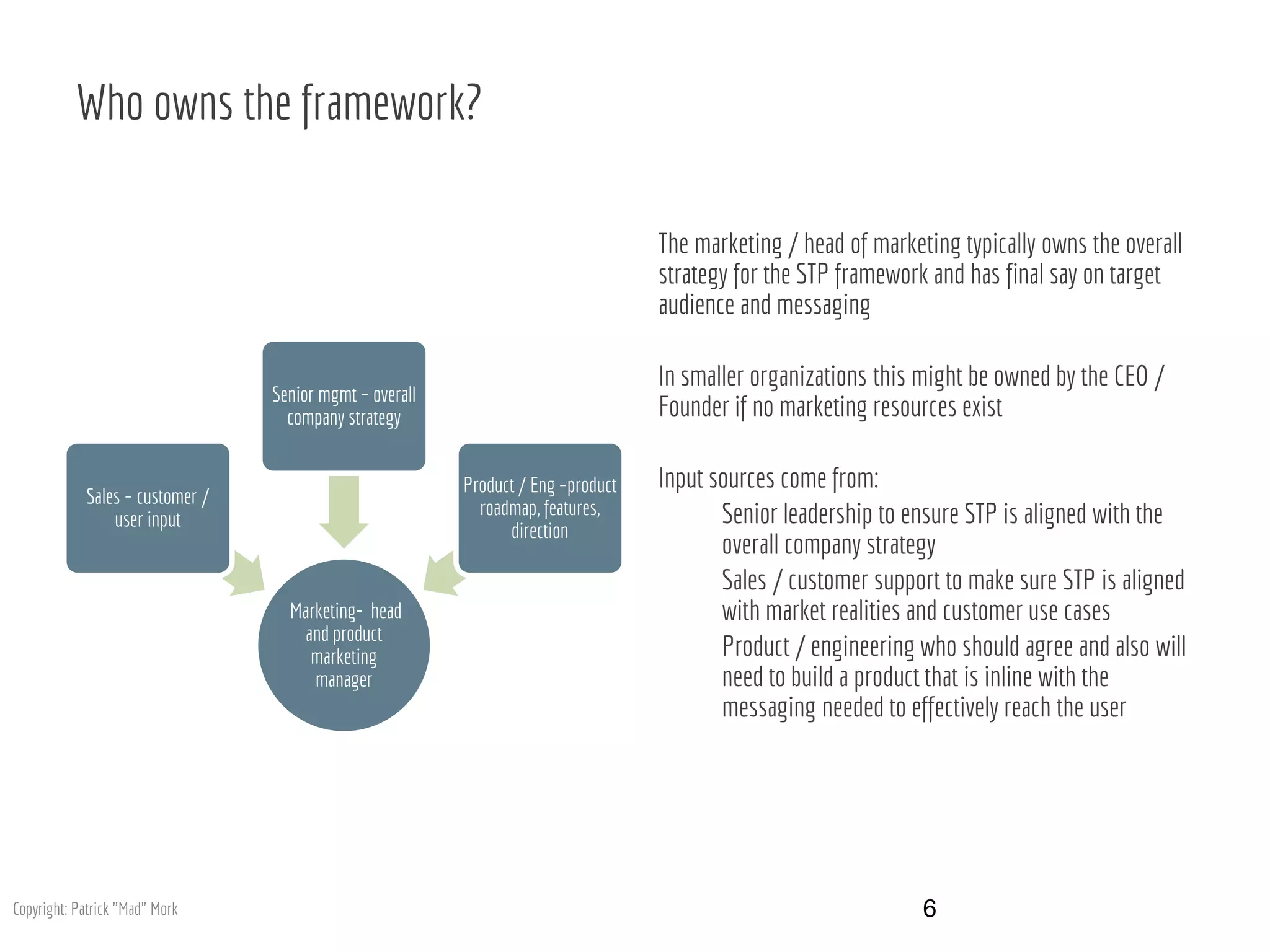 Who owns the framework?
The marketing / head of marketing typically owns the overall
strategy for the STP framework and has final say on target
audience and messaging
In smaller organizations this might be owned by the CEO /
Founder if no marketing resources exist
Input sources come from:
Senior leadership to ensure STP is aligned with the
overall company strategy
Sales / customer support to make sure STP is aligned
with market realities and customer use cases
Product / engineering who should agree and also will
need to build a product that is inline with the
messaging needed to effectively reach the user
6
Marketing- head
and product
marketing
manager
Sales – customer /
user input
Senior mgmt – overall
company strategy
Product / Eng –product
roadmap, features,
direction
Copyright: Patrick "Mad" Mork
 