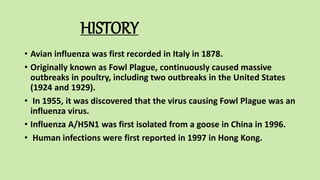 HISTORY
• Avian influenza was first recorded in Italy in 1878.
• Originally known as Fowl Plague, continuously caused massive
outbreaks in poultry, including two outbreaks in the United States
(1924 and 1929).
• In 1955, it was discovered that the virus causing Fowl Plague was an
influenza virus.
• Influenza A/H5N1 was first isolated from a goose in China in 1996.
• Human infections were first reported in 1997 in Hong Kong.
 