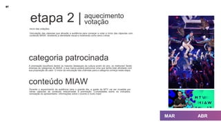 conteúdo MIAW
Inicío das votações.
Veiculação das cápsulas que ativarão a audiência para começar a votar e início das cápsulas com
conteúdo MIAW, revelando a identidade visual e mostrando como será o show.
Durante o aquecimento da audiência para o grande dia, a grade da MTV vai ser invadida por
várias cápsulas de conteúdo relacionadas à premiação. Curiosidades sobre os indicados,
nomeação do apresentador, informações sobre o evento e muito mais!
etapa 2 | votação
aquecimento
categoria patrocinada
A premiação escolherá dentre os maiores destaques da cultura jovem do ano, os melhores! Serão
diversas as categorias do MIAW, e sua marca poderá patrocinar uma que tenha total afinidade com
sua proposição de valor. O início da veículação das chamdas para a categoria começa nesta etapa.
 