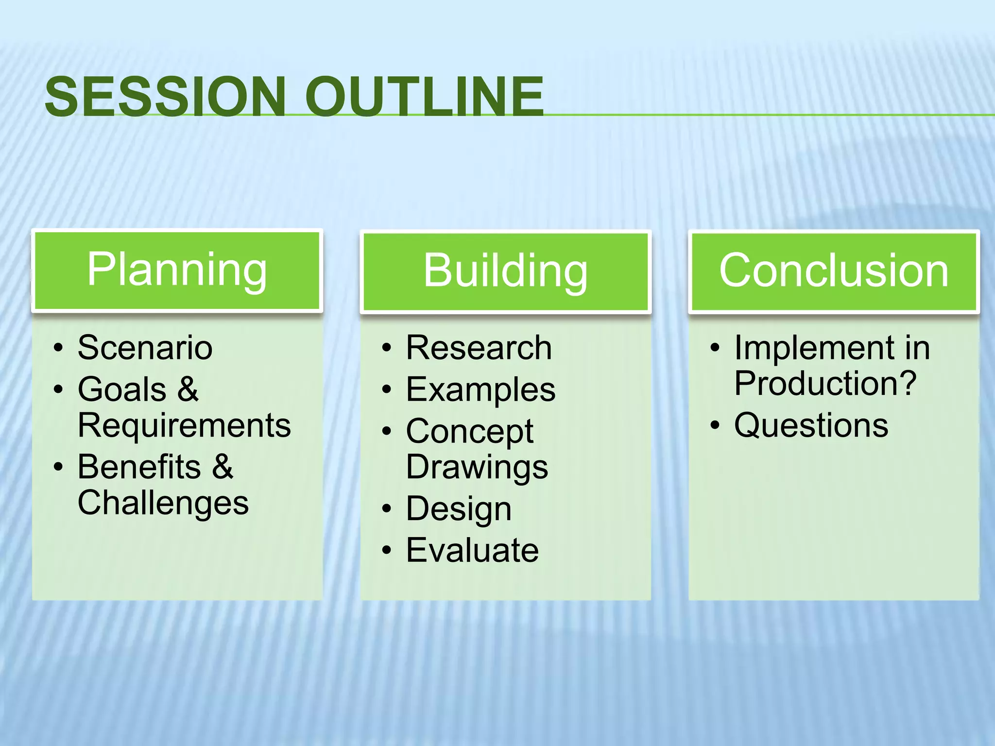 SESSION OUTLINE
• Scenario
• Goals &
Requirements
• Benefits &
Challenges
Planning
• Research
• Examples
• Concept
Drawings
• Design
• Evaluate
Building
• Implement in
Production?
• Questions
Conclusion
 