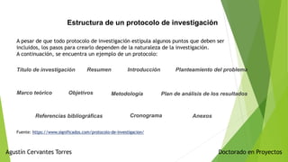 Doctorado en ProyectosAgustín Cervantes Torres
Estructura de un protocolo de investigación
A pesar de que todo protocolo de investigación estipula algunos puntos que deben ser
incluidos, los pasos para crearlo dependen de la naturaleza de la investigación.
A continuación, se encuentra un ejemplo de un protocolo:
Fuente: https://www.significados.com/protocolo-de-investigacion/
Título de investigación Resumen Introducción Planteamiento del problema
Marco teórico Objetivos Metodología Plan de análisis de los resultados
Referencias bibliográficas Cronograma Anexos
 