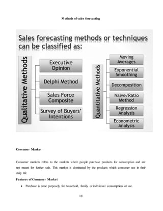 10
Methods of sales forecasting
Consumer Market
Consumer markets refers to the markets where people purchase products for consumption and are
not meant for further sale. This market is dominated by the products which consumer use in their
daily life
Features of Consumer Market
 Purchase is done purposely for household, family or individual consumption or use.
 