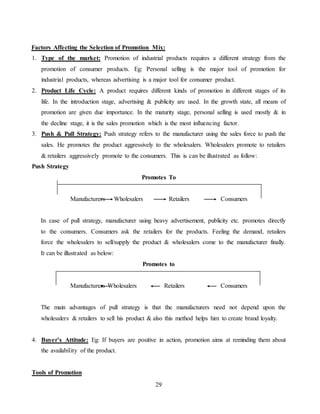 29
Factors Affecting the Selection of Promotion Mix:
1. Type of the market: Promotion of industrial products requires a different strategy from the
promotion of consumer products. Eg: Personal selling is the major tool of promotion for
industrial products, whereas advertising is a major tool for consumer product.
2. Product Life Cycle: A product requires different kinds of promotion in different stages of its
life. In the introduction stage, advertising & publicity are used. In the growth state, all means of
promotion are given due importance. In the maturity stage, personal selling is used mostly & in
the decline stage, it is the sales promotion which is the most influencing factor.
3. Push & Pull Strategy: Push strategy refers to the manufacturer using the sales force to push the
sales. He promotes the product aggressively to the wholesalers. Wholesalers promote to retailers
& retailers aggressively promote to the consumers. This is can be illustrated as follow:
Push Strategy
Promotes To
Manufacturers Wholesalers Retailers Consumers
In case of pull strategy, manufacturer using heavy advertisement, publicity etc. promotes directly
to the consumers. Consumers ask the retailers for the products. Feeling the demand, retailers
force the wholesalers to sell/supply the product & wholesalers come to the manufacturer finally.
It can be illustrated as below:
Promotes to
Manufacturers Wholesalers Retailers Consumers
The main advantages of pull strategy is that the manufacturers need not depend upon the
wholesalers & retailers to sell his product & also this method helps him to create brand loyalty.
4. Buyer’s Attitude: Eg: If buyers are positive in action, promotion aims at reminding them about
the availability of the product.
Tools of Promotion
 