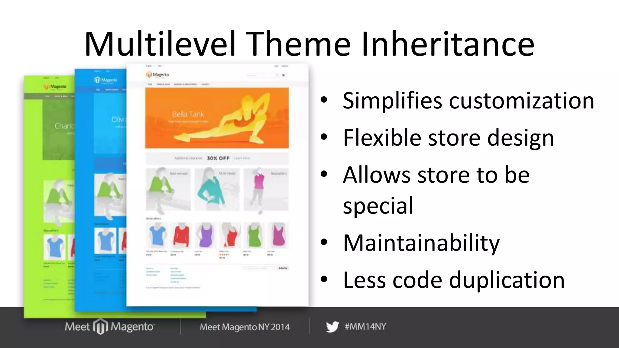 Multilevel Theme Inheritance 
• Simplifies customization 
• Flexible store design 
• Allows store to be 
special 
• Maintainability 
• Less code duplication 
 