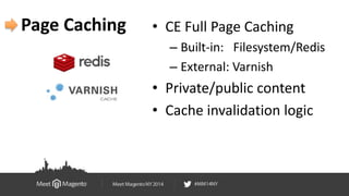 Page Caching • CE Full Page Caching 
– Built-in: Filesystem/Redis 
– External: Varnish 
• Private/public content 
• Cache ...