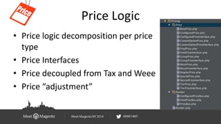 Price Logic 
• Price logic decomposition per price 
type 
• Price Interfaces 
• Price decoupled from Tax and Weee 
• Price...