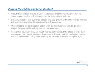Putting the Middle Market in Context
 About three in four middle market leaders say that their companies have a
major impact on the U.S. economy, up six points since last year.
 Similarly, most of this audience agrees that job growth within the middle market
will also have significant impact on the U.S. economy.
 These leaders are also upbeat about their own companies, with 55 percent
saying they are better off compared to a year ago.
 As in 2012, however, they are much more positive about the state of their own
companies than their industries. Importantly, though, industry ratings – that is,
the proportion describing their industry as strong – are up from a year ago.

18

 