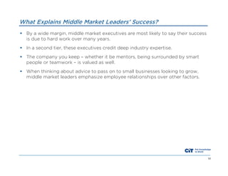 What Explains Middle Market Leaders’ Success?
 By a wide margin, middle market executives are most likely to say their success
is due to hard work over many years.
 In a second tier, these executives credit deep industry expertise.
 The company you keep – whether it be mentors, being surrounded by smart
people or teamwork – is valued as well.
 When thinking about advice to pass on to small businesses looking to grow,
middle market leaders emphasize employee relationships over other factors.

53

 
