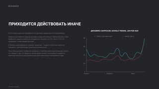 MEDIAHEAD
Источник: Apptopia
ПРИХОДИТСЯ ДЕЙСТВОВАТЬ ИНАЧЕ
0
20
40
60
80
Январь Февраль Март
запрос "доставка еды" запрос "glovo"
ДИНАМИКА ЗАПРОСОВ, GOOGLE TRENDS, JAN-FEB 2020
В США резко выросла популярность по доставке продуктов из-за коронавируса.
Загрузки приложений сервисов доставки продуктов Instacart, Walmart Grocery и Shipt
превысили среднее количество ежедневных загрузок на 218%, 160% и 124% по
сравнению с предыдущим месяцем.
В Украине прослеживается похожая тенденция — в марте количество запросов
связанных с доставкой еды значительно увеличилось.
Тоже самое касается и запросов связанных с приложением по доставке еды «Glovo»,
что говорит о том, что украинцы начали более активно использовать диджитал-
инвентарь обычного пользователя для облегчения своих повседневных нужд.
 