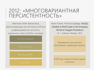 2012: «МНОГОВАРИАНТНАЯ
ПЕРСИСТЕНТНОСТЬ»
Hibernate OGM: библиотека,
обеспечивающая Java Persistence API для
унифицированного доступа к
различного класса NoSQL-системам
I n i f n i s p a n
E h c a c h e
M o n g o D B
N e o 4 j
Marin Fowler, Pramod Sadalage. NoSQL
Distilled: A Brief Guide to the Emerging
World of Polyglot Persistence
N. J.: Addison-Wesley, 2012
Переведена на русский язык
(2013, Вильямс, перевод Дм. Клюшин )
В 2015 году готовится второе издание
на русском
 