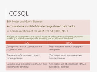 COSQL
Erik Meijer and Gavin Bierman
A co-relational model of data for large shared data banks
// Communications of the ACM, vol. 54 (2011), No. 4
SQL coSQL
Дочерние записи ссылаются на
родительские
Родительские записи содержат
дочерние
Элементы обязательно строго
типизированы
(Потенциально) динамически
типизированы
Синхронные обновления (ACID) для
нескольких записей
Асинхронные обновления (BASE)
для одной записи
Набросок теоретико-категорной модели, объединяющей реляционную
алгебру и «двойственную ей» алгебру для агрегатных моделей
 