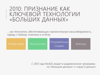 2010: ПРИЗНАНИЕ КАК
КЛЮЧЕВОЙ ТЕХНОЛОГИИ
«БОЛЬШИХ ДАННЫХ»
O’Reilly Media The Economist
Pricewaterhouse
Coopers
McKinsey
… как технологии, обеспечивающую горизонтальную масштабируемость,
наряду с Hadoop, отмечена в отчётах:
C 2012 года NoSQL входит в академические программы
по «большим данным» и «науке о данных»
 
