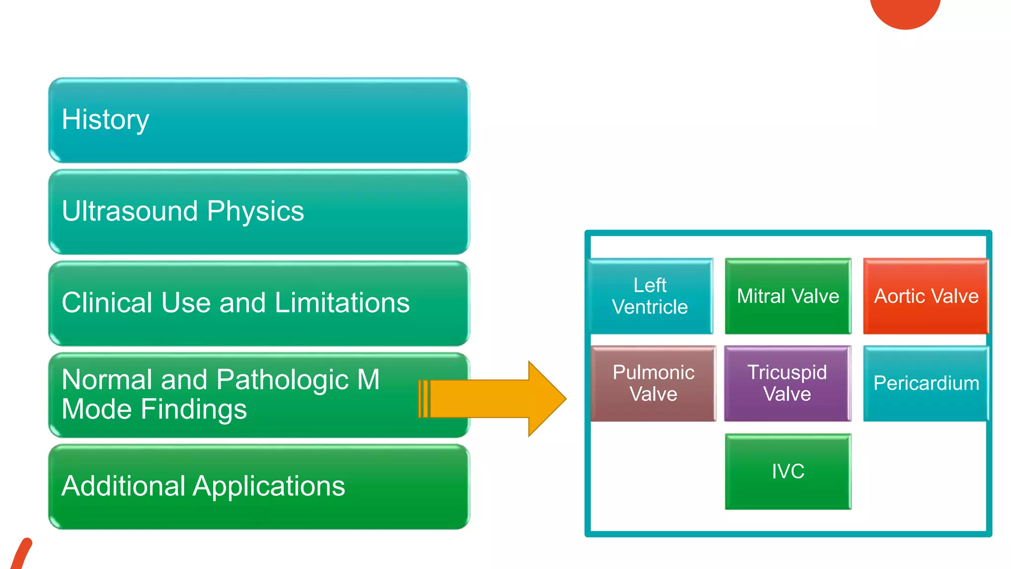 Overview
History
Ultrasound Physics
Clinical Use and Limitations
Normal and Pathologic M
Mode Findings
Additional Applications
Left
Ventricle
Mitral Valve Aortic Valve
Pulmonic
Valve
Tricuspid
Valve
Pericardium
IVC
Left
Ventricle
Mitral Valve Aortic Valve
Pulmonic
Valve
Tricuspid
Valve
Pericardium
IVC
 