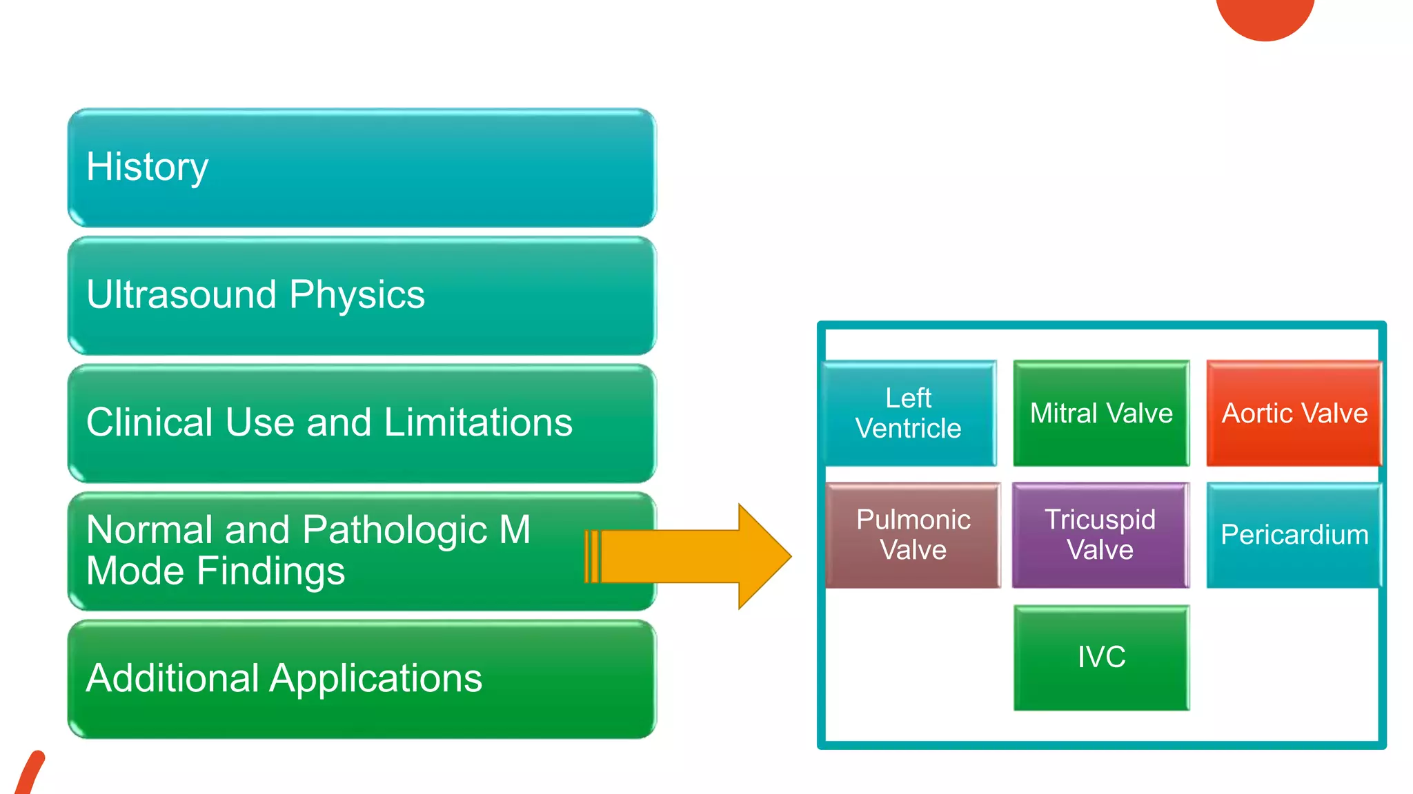 Overview
History
Ultrasound Physics
Clinical Use and Limitations
Normal and Pathologic M
Mode Findings
Additional Applications
Left
Ventricle
Mitral Valve Aortic Valve
Pulmonic
Valve
Tricuspid
Valve
Pericardium
IVC
Left
Ventricle
Mitral Valve Aortic Valve
Pulmonic
Valve
Tricuspid
Valve
Pericardium
 
