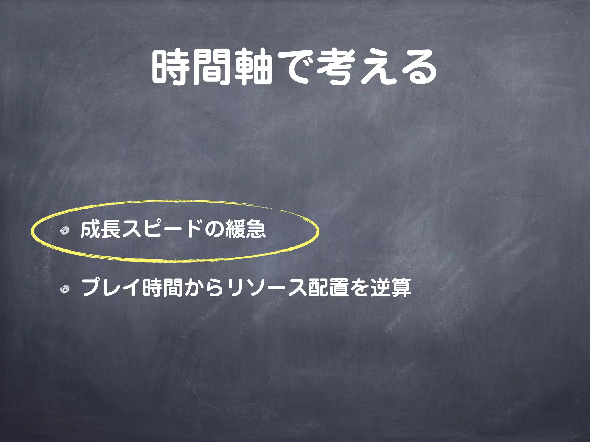 時間軸で考える
成長スピードの緩急
プレイ時間からリソース配置を逆算
 