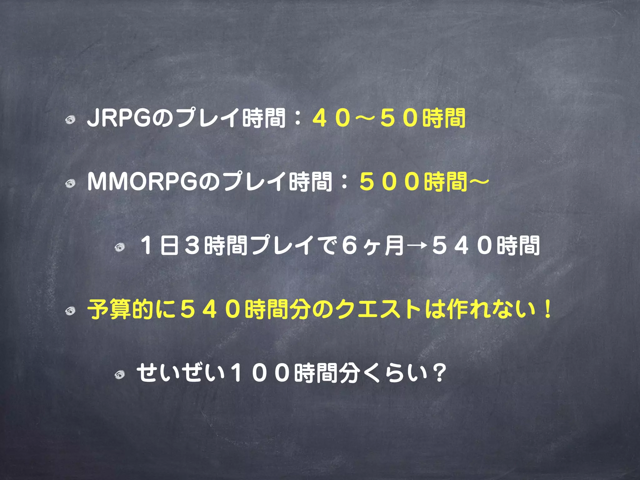 JRPGのプレイ時間：４０∼５０時間
MMORPGのプレイ時間：５００時間∼
１日３時間プレイで６ヶ月→５４０時間
予算的に５４０時間分のクエストは作れない！
せいぜい１００時間分くらい？
 