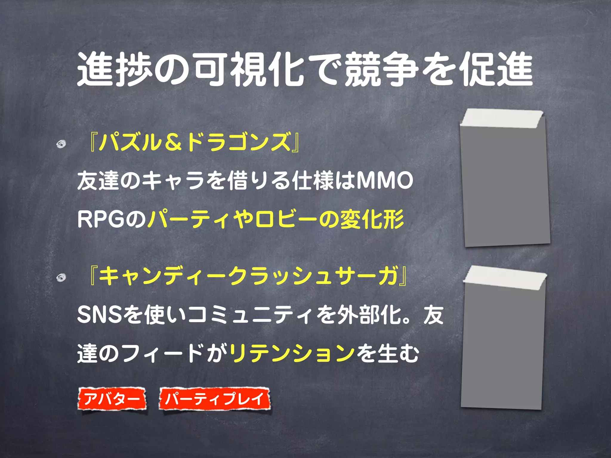 進捗の可視化で競争を促進
『パズル＆ドラゴンズ』
友達のキャラを借りる仕様はMMO
RPGのパーティやロビーの変化形
『キャンディークラッシュサーガ』
SNSを使いコミュニティを外部化。友
達のフィードがリテンションを生む
パーティプレイアバター
 