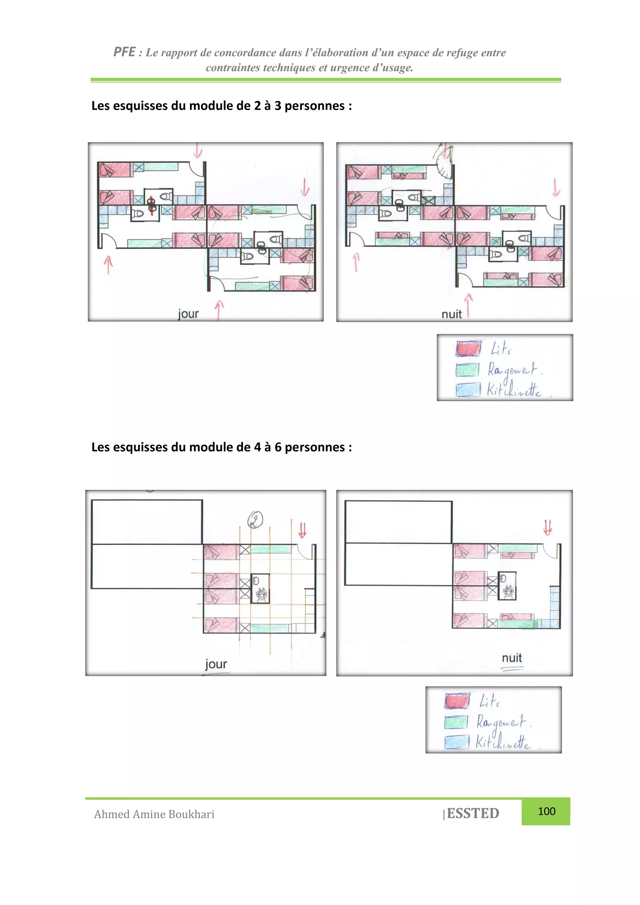 PFE : Le rapport de concordance dans l’élaboration d’un espace de refuge entre
contraintes techniques et urgence d’usage.
Ahmed Amine Boukhari |ESSTED 100
Les esquisses du module de 2 à 3 personnes :
Les esquisses du module de 4 à 6 personnes :
 