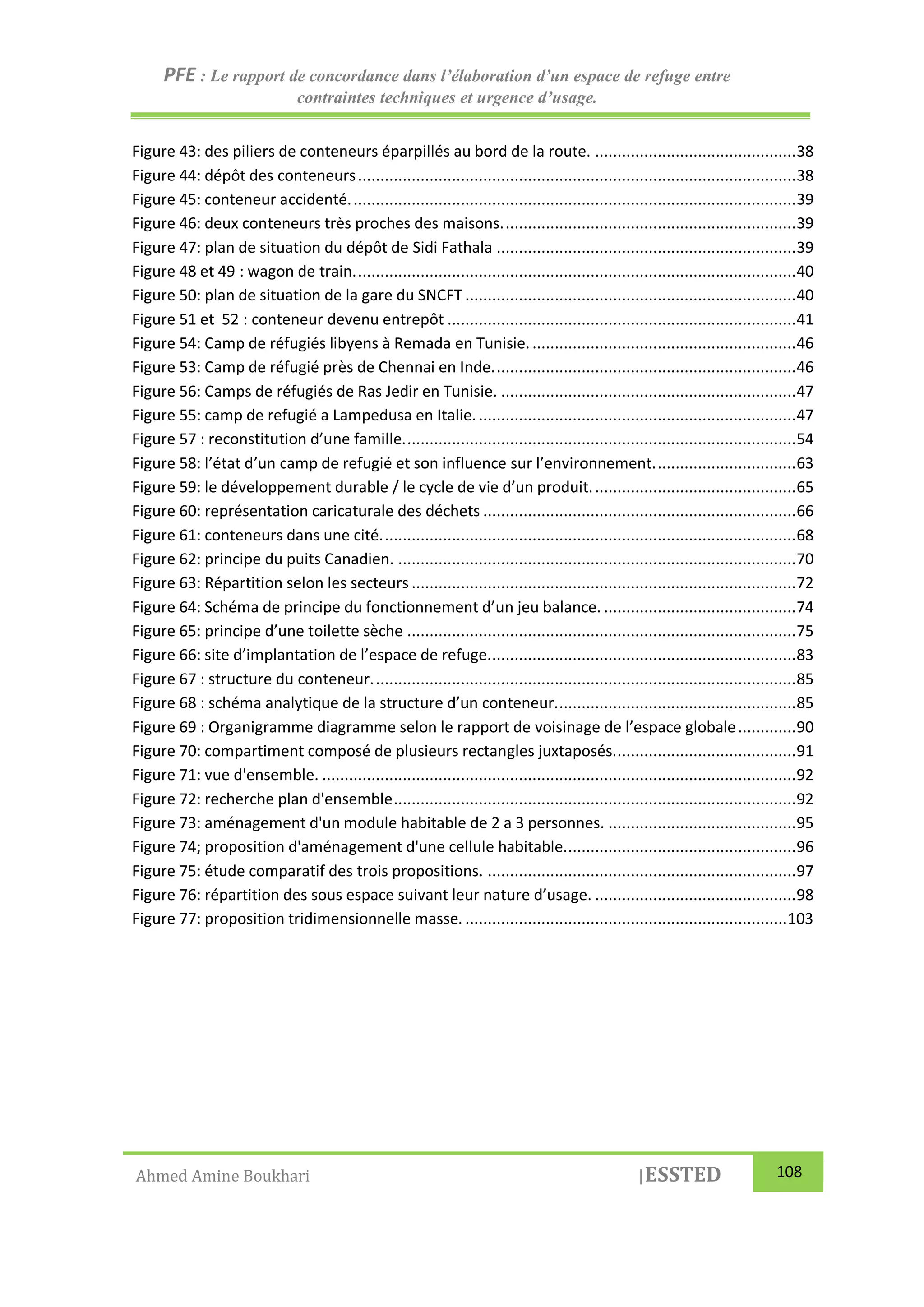 PFE : Le rapport de concordance dans l’élaboration d’un espace de refuge entre
contraintes techniques et urgence d’usage.
Ahmed Amine Boukhari |ESSTED 108
Figure 43: des piliers de conteneurs éparpillés au bord de la route. .............................................38
Figure 44: dépôt des conteneurs..................................................................................................38
Figure 45: conteneur accidenté....................................................................................................39
Figure 46: deux conteneurs très proches des maisons..................................................................39
Figure 47: plan de situation du dépôt de Sidi Fathala ...................................................................39
Figure 48 et 49 : wagon de train...................................................................................................40
Figure 50: plan de situation de la gare du SNCFT ..........................................................................40
Figure 51 et 52 : conteneur devenu entrepôt ..............................................................................41
Figure 54: Camp de réfugiés libyens à Remada en Tunisie............................................................46
Figure 53: Camp de réfugié près de Chennai en Inde....................................................................46
Figure 56: Camps de réfugiés de Ras Jedir en Tunisie. ..................................................................47
Figure 55: camp de refugié a Lampedusa en Italie........................................................................47
Figure 57 : reconstitution d’une famille........................................................................................54
Figure 58: l’état d’un camp de refugié et son influence sur l’environnement................................63
Figure 59: le développement durable / le cycle de vie d’un produit..............................................65
Figure 60: représentation caricaturale des déchets ......................................................................66
Figure 61: conteneurs dans une cité.............................................................................................68
Figure 62: principe du puits Canadien. .........................................................................................70
Figure 63: Répartition selon les secteurs ......................................................................................72
Figure 64: Schéma de principe du fonctionnement d’un jeu balance. ...........................................74
Figure 65: principe d’une toilette sèche .......................................................................................75
Figure 66: site d’implantation de l’espace de refuge.....................................................................83
Figure 67 : structure du conteneur...............................................................................................85
Figure 68 : schéma analytique de la structure d’un conteneur......................................................85
Figure 69 : Organigramme diagramme selon le rapport de voisinage de l’espace globale.............90
Figure 70: compartiment composé de plusieurs rectangles juxtaposés.........................................91
Figure 71: vue d'ensemble. ..........................................................................................................92
Figure 72: recherche plan d'ensemble..........................................................................................92
Figure 73: aménagement d'un module habitable de 2 a 3 personnes. ..........................................95
Figure 74; proposition d'aménagement d'une cellule habitable....................................................96
Figure 75: étude comparatif des trois propositions. .....................................................................97
Figure 76: répartition des sous espace suivant leur nature d’usage. .............................................98
Figure 77: proposition tridimensionnelle masse. ........................................................................103
 