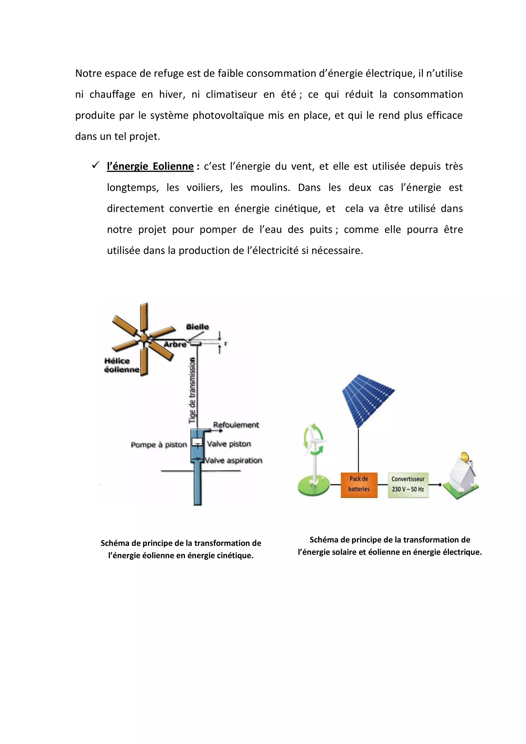 Notre espace de refuge est de faible consommation d’énergie électrique, il n’utilise
ni chauffage en hiver, ni climatiseur en été ; ce qui réduit la consommation
produite par le système photovoltaïque mis en place, et qui le rend plus efficace
dans un tel projet.
 l’énergie Eolienne : c’est l’énergie du vent, et elle est utilisée depuis très
longtemps, les voiliers, les moulins. Dans les deux cas l’énergie est
directement convertie en énergie cinétique, et cela va être utilisé dans
notre projet pour pomper de l’eau des puits ; comme elle pourra être
utilisée dans la production de l’électricité si nécessaire.
Schéma de principe de la transformation de
l’énergie éolienne en énergie cinétique.
Schéma de principe de la transformation de
l’énergie solaire et éolienne en énergie électrique.
 