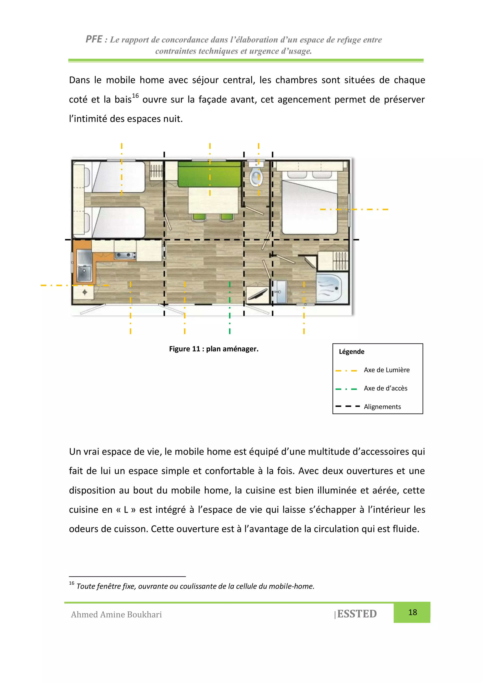 PFE : Le rapport de concordance dans l’élaboration d’un espace de refuge entre
contraintes techniques et urgence d’usage.
Ahmed Amine Boukhari |ESSTED 18
Dans le mobile home avec séjour central, les chambres sont situées de chaque
coté et la bais16
ouvre sur la façade avant, cet agencement permet de préserver
l’intimité des espaces nuit.
Un vrai espace de vie, le mobile home est équipé d’une multitude d’accessoires qui
fait de lui un espace simple et confortable à la fois. Avec deux ouvertures et une
disposition au bout du mobile home, la cuisine est bien illuminée et aérée, cette
cuisine en « L » est intégré à l’espace de vie qui laisse s’échapper à l’intérieur les
odeurs de cuisson. Cette ouverture est à l’avantage de la circulation qui est fluide.
16
Toute fenêtre fixe, ouvrante ou coulissante de la cellule du mobile-home.
Légende
Axe de Lumière
Axe de d’accès
Alignements
Figure 11 : plan aménager.
 