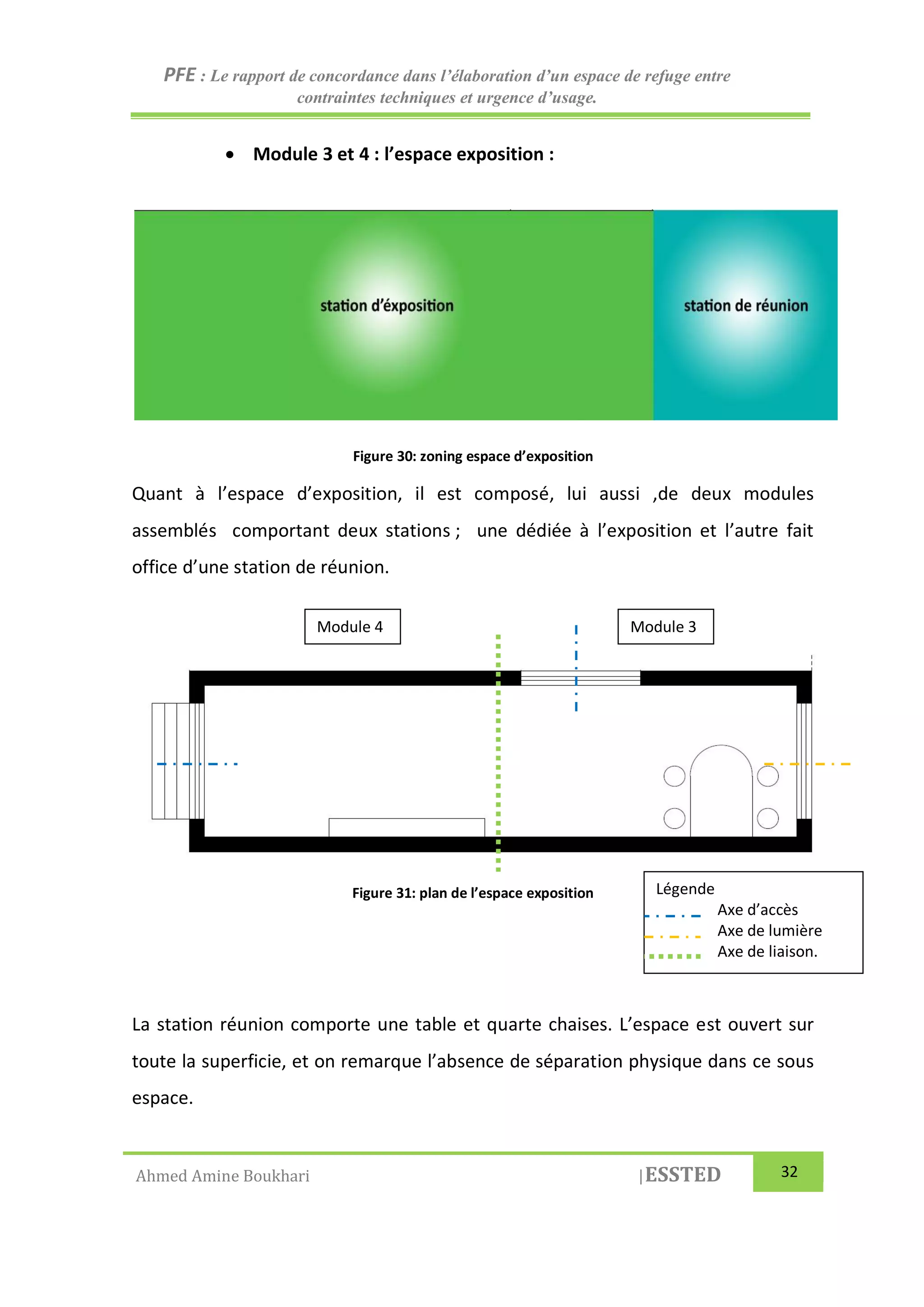 PFE : Le rapport de concordance dans l’élaboration d’un espace de refuge entre
contraintes techniques et urgence d’usage.
Ahmed Amine Boukhari |ESSTED 32
 Module 3 et 4 : l’espace exposition :
Figure 30: zoning espace d’exposition
Quant à l’espace d’exposition, il est composé, lui aussi ,de deux modules
assemblés comportant deux stations ; une dédiée à l’exposition et l’autre fait
office d’une station de réunion.
Figure 31: plan de l’espace exposition
La station réunion comporte une table et quarte chaises. L’espace est ouvert sur
toute la superficie, et on remarque l’absence de séparation physique dans ce sous
espace.
Légende
Axe d’accès
Axe de lumière
Axe de liaison.
Module 4 Module 3
 