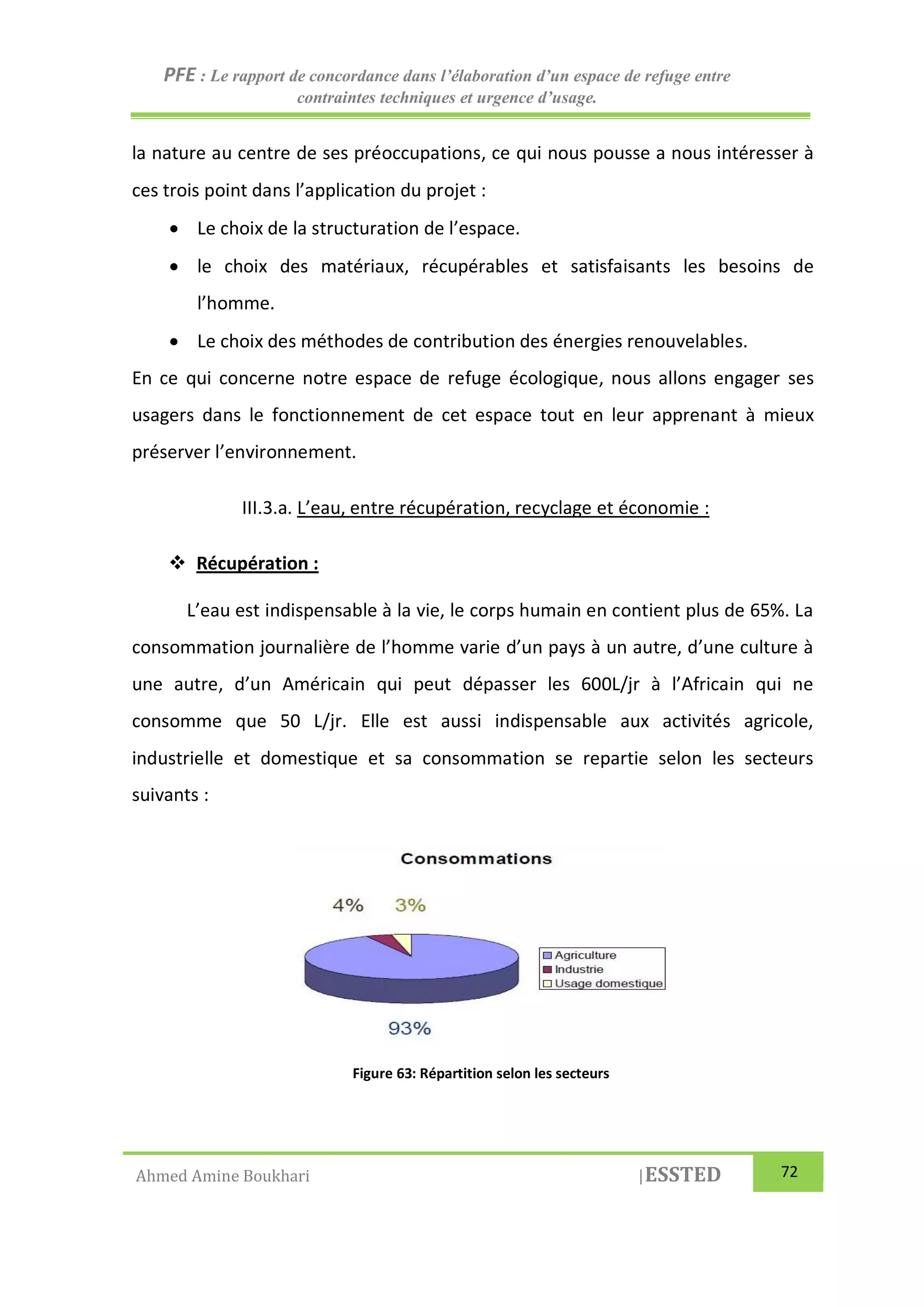 PFE : Le rapport de concordance dans l’élaboration d’un espace de refuge entre
contraintes techniques et urgence d’usage.
Ahmed Amine Boukhari |ESSTED 72
la nature au centre de ses préoccupations, ce qui nous pousse a nous intéresser à
ces trois point dans l’application du projet :
 Le choix de la structuration de l’espace.
 le choix des matériaux, récupérables et satisfaisants les besoins de
l’homme.
 Le choix des méthodes de contribution des énergies renouvelables.
En ce qui concerne notre espace de refuge écologique, nous allons engager ses
usagers dans le fonctionnement de cet espace tout en leur apprenant à mieux
préserver l’environnement.
III.3.a. L’eau, entre récupération, recyclage et économie :
 Récupération :
L’eau est indispensable à la vie, le corps humain en contient plus de 65%. La
consommation journalière de l’homme varie d’un pays à un autre, d’une culture à
une autre, d’un Américain qui peut dépasser les 600L/jr à l’Africain qui ne
consomme que 50 L/jr. Elle est aussi indispensable aux activités agricole,
industrielle et domestique et sa consommation se repartie selon les secteurs
suivants :
Figure 63: Répartition selon les secteurs
 