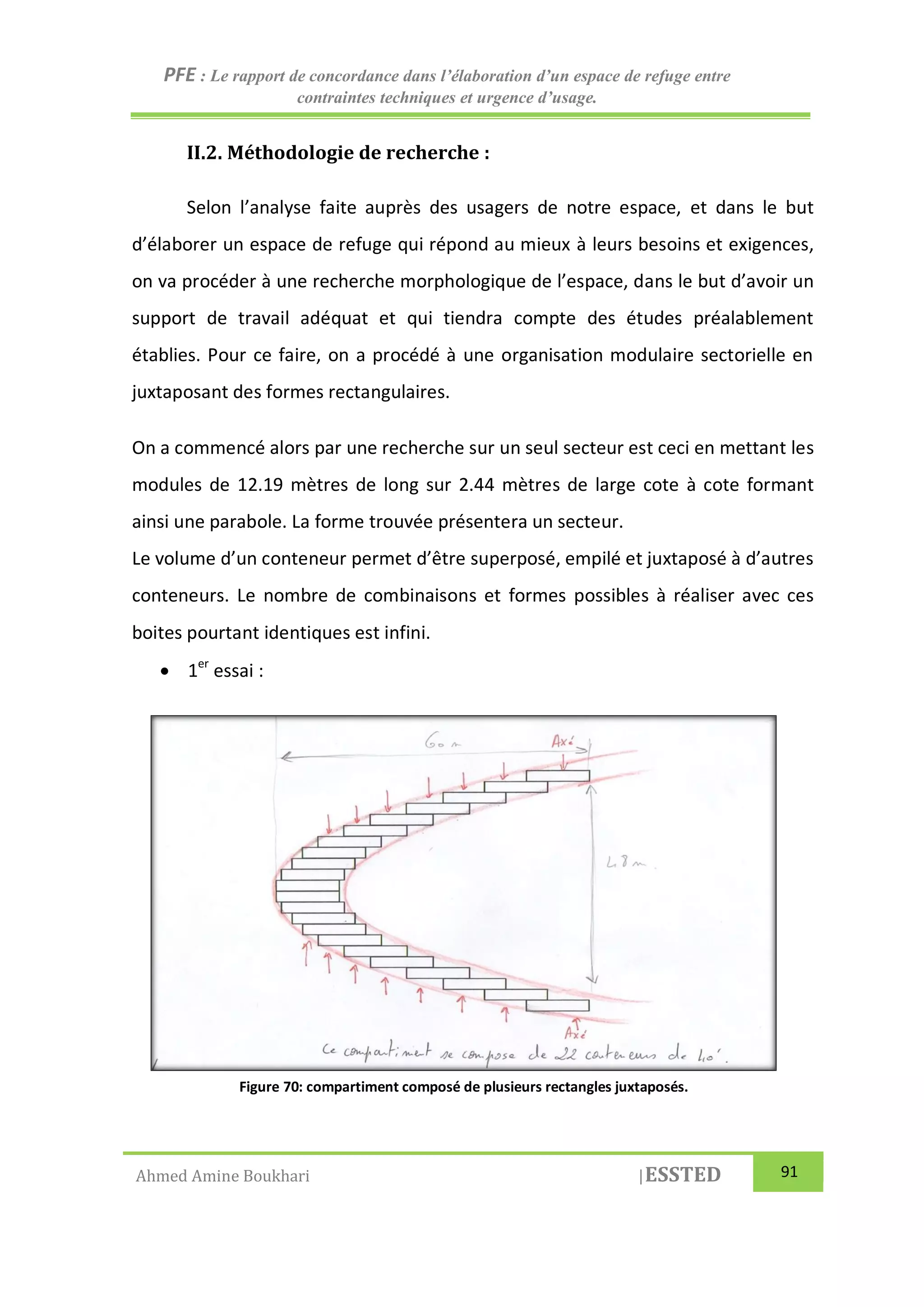 PFE : Le rapport de concordance dans l’élaboration d’un espace de refuge entre
contraintes techniques et urgence d’usage.
Ahmed Amine Boukhari |ESSTED 91
II.2. Méthodologie de recherche :
Selon l’analyse faite auprès des usagers de notre espace, et dans le but
d’élaborer un espace de refuge qui répond au mieux à leurs besoins et exigences,
on va procéder à une recherche morphologique de l’espace, dans le but d’avoir un
support de travail adéquat et qui tiendra compte des études préalablement
établies. Pour ce faire, on a procédé à une organisation modulaire sectorielle en
juxtaposant des formes rectangulaires.
On a commencé alors par une recherche sur un seul secteur est ceci en mettant les
modules de 12.19 mètres de long sur 2.44 mètres de large cote à cote formant
ainsi une parabole. La forme trouvée présentera un secteur.
Le volume d’un conteneur permet d’être superposé, empilé et juxtaposé à d’autres
conteneurs. Le nombre de combinaisons et formes possibles à réaliser avec ces
boites pourtant identiques est infini.
 1er
essai :
Figure 70: compartiment composé de plusieurs rectangles juxtaposés.
 