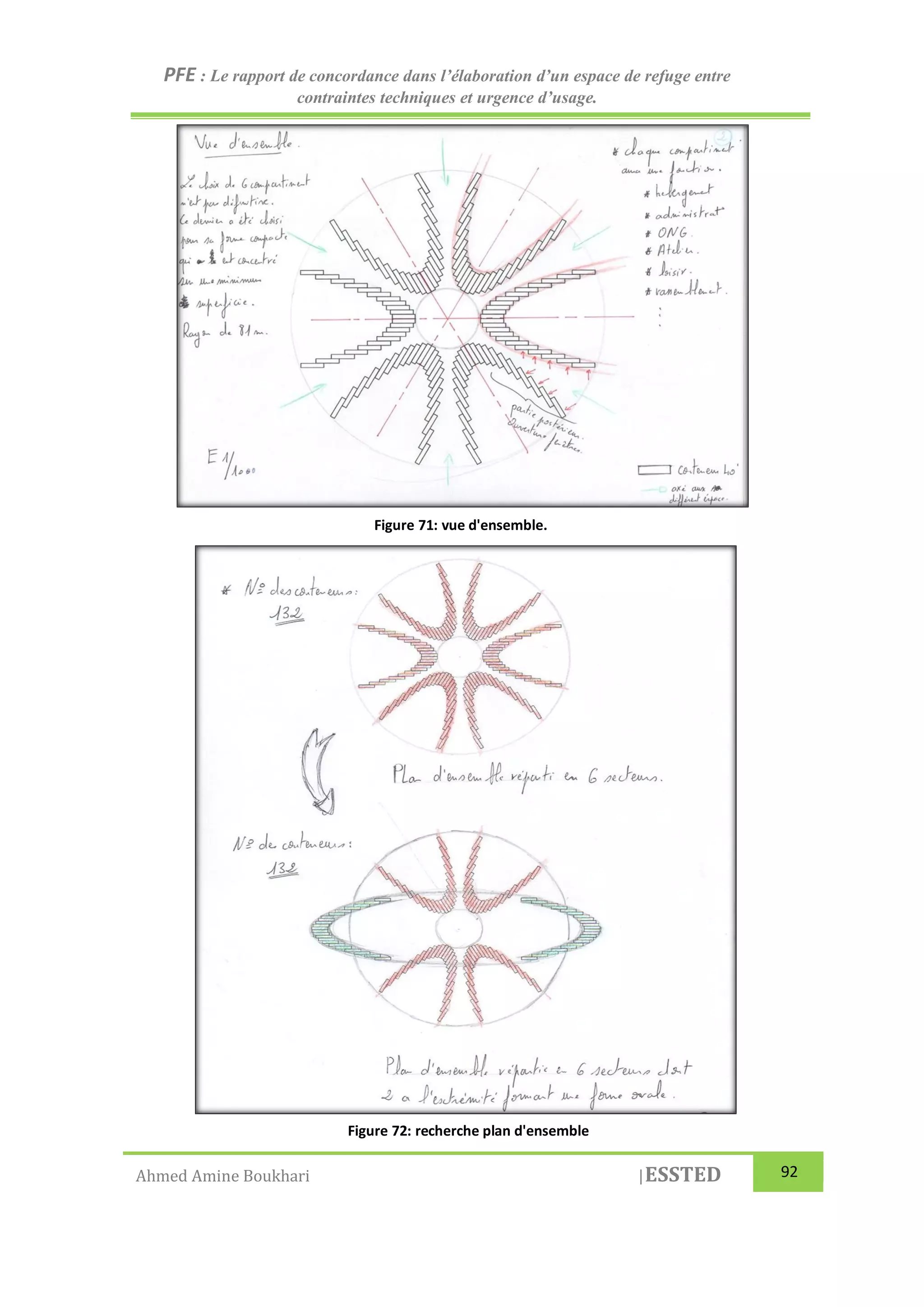 PFE : Le rapport de concordance dans l’élaboration d’un espace de refuge entre
contraintes techniques et urgence d’usage.
Ahmed Amine Boukhari |ESSTED 92
Figure 71: vue d'ensemble.
Figure 72: recherche plan d'ensemble
 