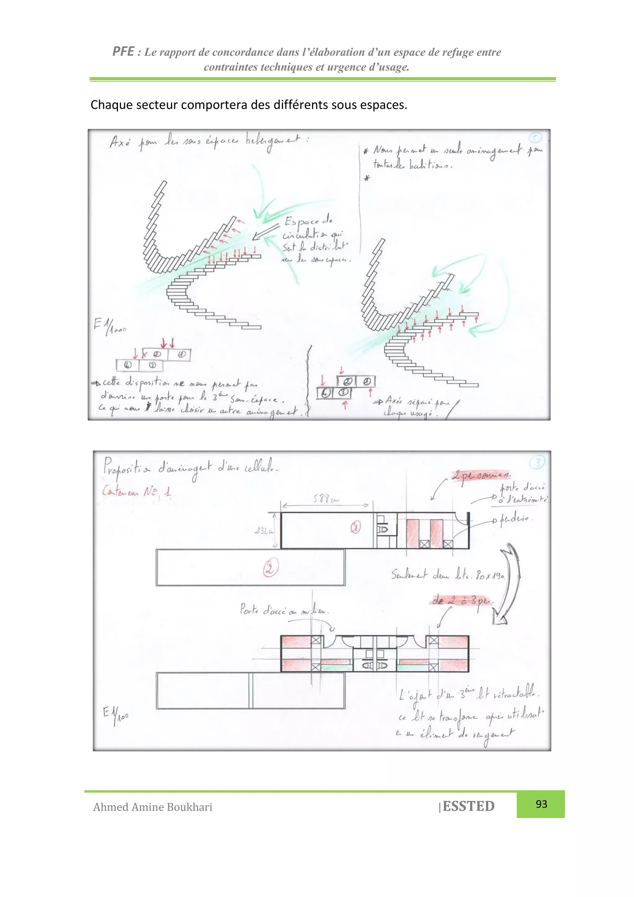 PFE : Le rapport de concordance dans l’élaboration d’un espace de refuge entre
contraintes techniques et urgence d’usage.
Ahmed Amine Boukhari |ESSTED 93
Chaque secteur comportera des différents sous espaces.
 