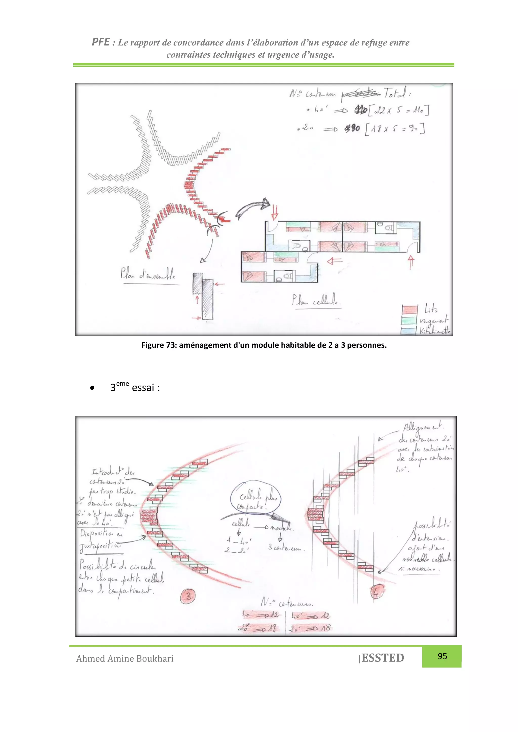PFE : Le rapport de concordance dans l’élaboration d’un espace de refuge entre
contraintes techniques et urgence d’usage.
Ahmed Amine Boukhari |ESSTED 95
 3eme
essai :
Figure 73: aménagement d'un module habitable de 2 a 3 personnes.
 