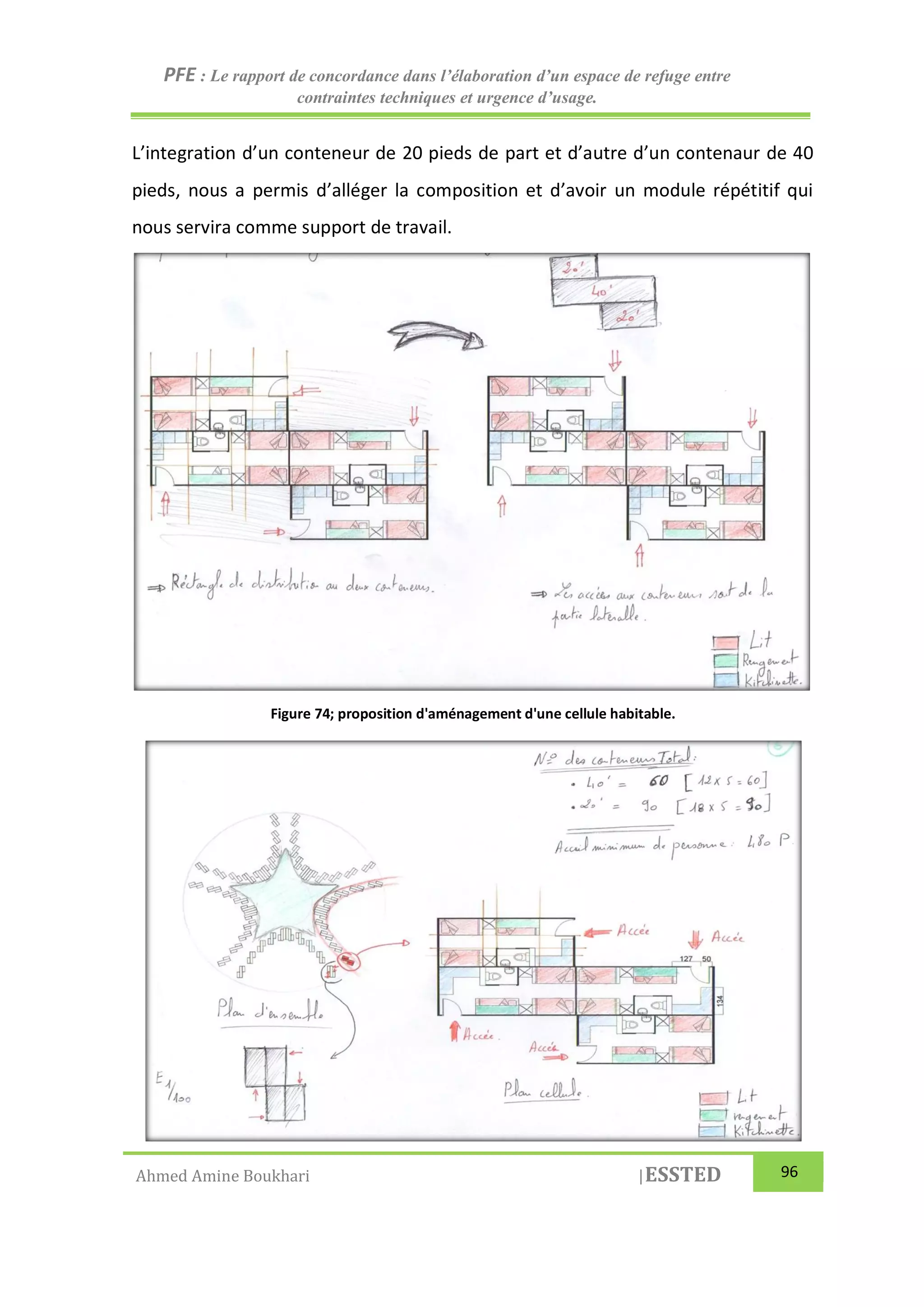 PFE : Le rapport de concordance dans l’élaboration d’un espace de refuge entre
contraintes techniques et urgence d’usage.
Ahmed Amine Boukhari |ESSTED 96
L’integration d’un conteneur de 20 pieds de part et d’autre d’un contenaur de 40
pieds, nous a permis d’alléger la composition et d’avoir un module répétitif qui
nous servira comme support de travail.
Figure 74; proposition d'aménagement d'une cellule habitable.
 