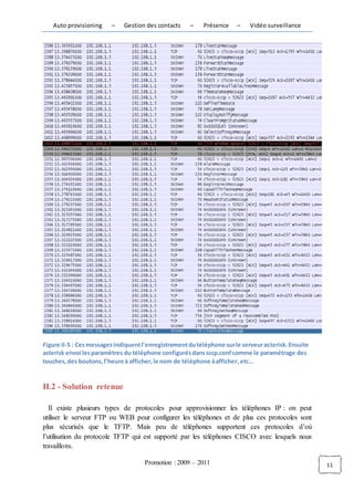 Auto provisioning     –    Gestion des contacts    –    Présence     –    Vidéo surveillance




Figure II-5 : Ces messages indiquent l’enregistrement du téléphone sur le serveur asterisk. Ensuite
asterisk envoi les paramètres du téléphone configurés dans sscp.conf comme le paramétrage des
touches, des boutons, l’heure à afficher, le nom de téléphone à afficher, etc…


II.2 - Solution retenue

   Il existe plusieurs types de protocoles pour approvisionner les téléphones IP : on peut
utiliser le serveur FTP ou WEB pour configurer les téléphones et de plus ces protocoles sont
plus sécurisés que le TFTP. Mais peu de téléphones supportent ces protocoles d’où
l’utilisation du protocole TFTP qui est supporté par les téléphones CISCO avec lesquels nous
travaillons.

                                     Promotion : 2009 – 2011                                          11
 