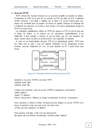 Auto provisioning     –    Gestion des contacts    –    Présence     –    Vidéo surveillance


Serveur TFTP
  TFTP (Trivial File Transfer Protocol) est un protocole simplifié de transfert de fichiers.
Il fonctionne en UDP sur le port 69, au contraire du FTP qui utilise lui TCP. L'utilisation
d'UDP, protocole « non fiable », implique que le client et le serveur doivent gérer eux-
mêmes une éventuelle perte de paquets. En termes de rapidité, l'absence de fenêtrage nuit
à l'efficacité du protocole sur les liens à forte latence. On réserve généralement l'usage du
TFTP à un réseau local.
  Les principales simplifications visibles du TFTP par rapport au FTP est qu'il ne gère pas
le listage de fichiers, et ne dispose pas de mécanismes d'authentification, ni de
chiffrement. Il faut connaître à l'avance le nom du fichier que l'on veut récupérer. De
même, aucune notion de droits de lecture/écriture n'est disponible en standard.
  À cause de ces fonctionnalités absentes, FTP lui est généralement préféré. TFTP reste
très utilisé pour la mise à jour des logiciels embarqués sur les équipements réseaux
(routeurs, pare-feu, téléphones IP, etc.) ou pour démarrer un PC à partir d'une carte
réseau.




                    Figure II-7 : Demande de fichier du client au serveur TFTP


Installation du serveur TFTPD et du client TFTP
#aptitude install tftpd
#aptitude install tftp

Création d’un répertoire racine du serveur TFTPD et changement de permission
#mkdir /tftpboot
#hmod 777 /tftpboot
#chown emeric.emeric /tftpboot (je change le propriétaire du dossier ‘nom.groupe’).

Nous cherchons et éditons le fichier /etc/inetd.conf pour indiquer au serveur TFTPD où se
trouve le répertoire racine que nous avons crée juste avant :
/srv/tftp que nous changeons en /tftpboot

Nous ajoutons cette ligne si elle n’est pas déjà présente.
tftp dgram udp wait nobody /usr/sbin/tcpd /usr/sbin/in.tftpd /tftpboot



                                   Promotion : 2009 – 2011                                      15
 