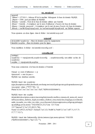 Auto provisioning    –    Gestion des contacts    –     Présence     –   Vidéo surveillance


                                        res_mysql.conf
[general]
 ;dbhost = 127.0.0.1 ; Adresse IP de la machine hébergeant la base de donnée MySQL
 ;dbport = 3306 ; port par défaut de MySQL
 dbname = asterisk ; Nom de la base de donnée utilisée par Asterisk
 dbuser = Asterisk ; A remplacer par le nom d’utilisateur d’accès à la base de donnée
 dbpass = Asterisk_password ; A remplacer par le mot de pass d’accès à la base de données
 dbsock = /var/lib/mysql/mysql.sock ou /var/run/mysqld/mysqld.sock sur Debian squeeze

Nous ajoutons ces deux lignes dans le fichier /etc/asterisk/sccp.conf

                                         sccp.conf
devicetable=sccpdevice ; Base de données pour les équipements
linetable=sccpline ; Base de données pour les lignes

Nous modifions le fichier /etc/asterisk/extconfig.conf :

                                         extconfig.conf
[settings]
sccpdevice => mysql,asterisk,sccpdeviceconfig       ; sccpdeviceconfig sera utilisé au lieu de
sccpdevice
sccpline => mysql,asterisk,sccpline

Nous nous connectons à la base de données d’Asterisk

#mysql -u « nom d’utilisateur » -p
#password : « mot de pass »
MySQL>use database asterisk;

MySQL>insert into sccpdevice
(type,description,tzoffset,dtmfmode,mwilamp,mwioncall,pickupexten,pickupmodeanswer,pri
vacy,name) values ("7975","My 1st
Phone",0,"on","on","on","on","on","full","SEP010102030404");

MySQL>insert into sccpline
(id,pin,label,description,context,incominglimit,transfer,mailbox,vmnum,cid_name,cid_num,tr
nsfvm,secondary_dialtone_digits,secondary_dialtone_tone,musicclass,language,accountcode,
audio_tos,audio_cos,video_tos,video_cos,echocancel,silencesuppression,callgroup,pickupgro
up,amaflags,setvar,name) VALUES(121,212,"Line 121","Line
121","internal",2,"on",121,88121,"My
Name",121,89121,10,"0x22","default","en",121,"0xB8",6,"0x88",5,"on","off","1,3-5","3-
5","","","121");

MySQL> insert into buttonconfig (device,instance,type,name,options) VALUES
("SEP010102030404",1,"line",121,"");

                                     Promotion : 2009 – 2011                                     31
 