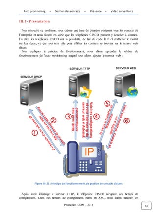 Auto provisioning    –    Gestion des contacts    –    Présence    –    Vidéo surveillance


III.1 - Présentation

   Pour résoudre ce problème, nous créons une base de données contenant tous les contacts de
l’entreprise et nous faisons en sorte que les téléphones CISCO puissent y accéder à distance.
En effet, les téléphones CISCO ont la possibilité, de lire du code PHP et d’afficher le résultat
sur leur écran, ce qui nous sera utile pour afficher les contacts se trouvant sur le serveur web
distant.
   Pour expliquer le principe de fonctionnement, nous allons reprendre le schéma de
fonctionnement de l’auto provisioning auquel nous allons ajouter le serveur web :




            Figure III-21 : Principe de fonctionnement de gestion de contacts distant


  Après avoir interrogé le serveur TFTP, le téléphone CISCO récupère ses fichiers de
configurations. Dans ces fichiers de configurations écrits en XML, nous allons indiquer, en

                                    Promotion : 2009 – 2011                                        34
 