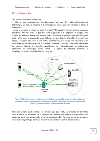 Auto provisioning      –    Gestion des contacts   –   Présence     –   Vidéo surveillance


IV.1 - Présentation

   La présence est définie comme suit:
 " Mise à jour dynamiquement des informations sur l'état des entités sélectionnées, où
l'information, les états, la sélection et la dynamique de mise à jour sont variables et adapté à
l'application".
   Avant la présence se limitait au statut "en ligne", "déconnecté", "occupé" dans la messagerie
instantanée. De nos jours, la présence peut s’appliquer à la téléphonie et couplée avec
d’autres technologies, fournir des services variés. Maintenant la présence n’est plus liée qu’au
statut ; c’est aussi la disponibilité pour différents services (suis-je disponible à accepter des
appels, à accepter des SMS, à une (vidéo) conférence où avec qui je veux discuter?) ; c’est
aussi donné ma localisation (je suis à la maison, au boulot, à l’école). Toutes ces informations
de présence peuvent être données manuellement ou automatiquement en utilisant des
applications ou technologies tierces comme             le logiciel de calendrier, téléphone, la
domotique, la voiture, la géolocalisation, blog, etc...




   Figure IV-27 : Processus de fonctionnement de la présence. Bob publie ses informations de
   présence à travers plusieurs types d’applications (GPS, calendrier, soft phone, blog) et ses
                       contacts, Alice et Sara sont immédiatement notifier.



Sans    tenir compte de la multitude de services qu’il peut offrir, La présence est importante
dans    un réseau de téléphonie car si l’appelant en consultant ses contacts se rend compte que
celui   avec qui il veut correspondre n’est pas disponible, alors l’appelant ne va pas appeler et
donc    moins de gaspillage de bande passante et une meilleure gestion des ressources.




                                      Promotion : 2009 – 2011                                       43
 